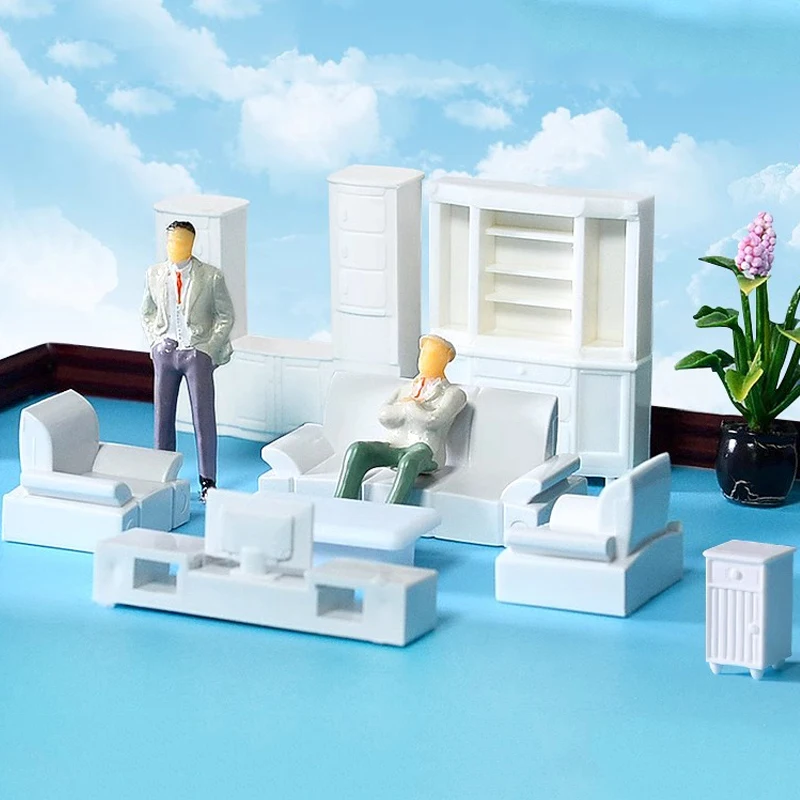 1:50 Scale White Plastic Furniture Set Miniature Dollhouse Table Chair Sofa Bed Cabinet for Diorama Display Model Decor