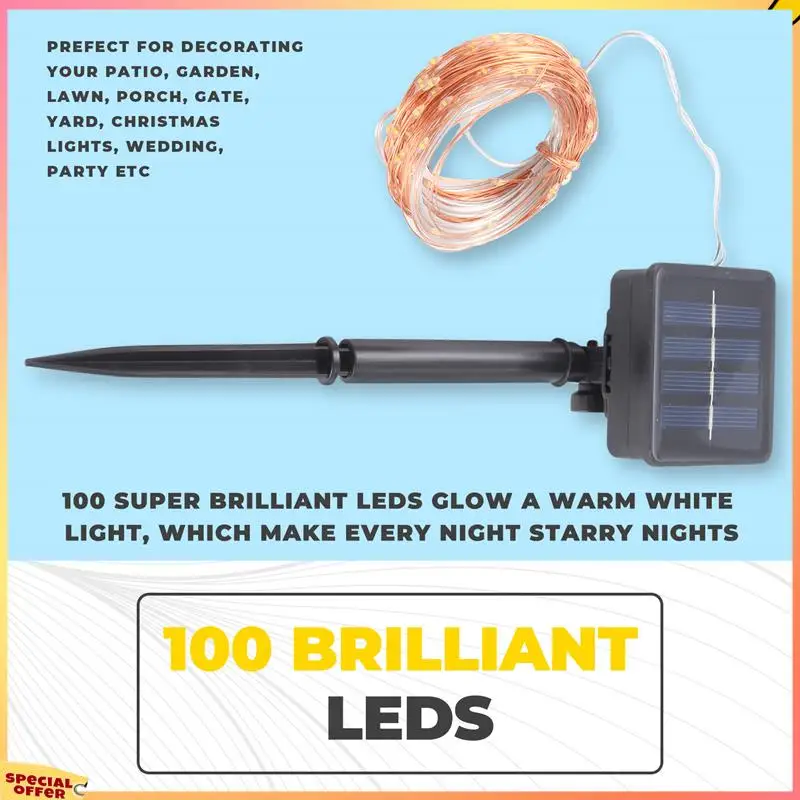ABFI Solar-Lichterkette, 10 m, 100 LEDs, für den Außenbereich, wasserdichte dekorative Lichterkette für Terrasse, Garten, Tor, Hof, P