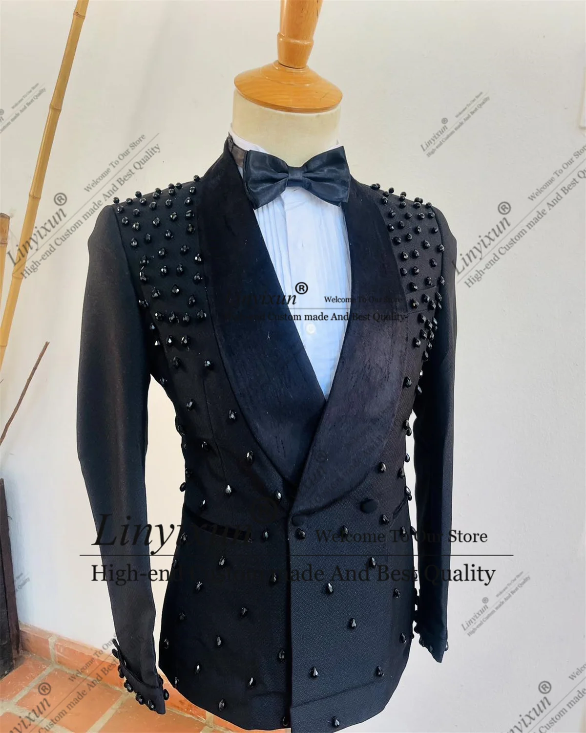 Elegent Men Suits Shawl Lapel Groom Wedding Tuxedos 2 Pieces Set Dinner Prom Blazers Luxury Beaded Customized trajes para hombre