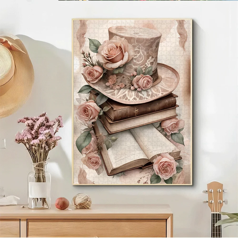 Puzzle 1000 elementów: Kapelusz z wiktoriańską koronką i róża - wzór w stylu vintage z miękkimi pastelowymi kolorami (beżowy, różowy, brązowy)