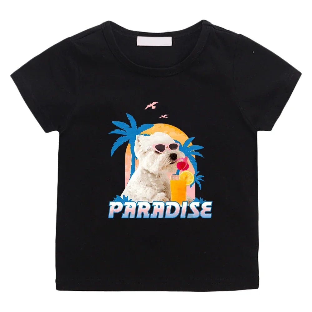 Paradise Dog Summer Tee-shirt 100% Cotton Kawaii Cartoon Printing T-shirt Boys and Girls Short Sleeve Tshirts Cute Graphic Tees