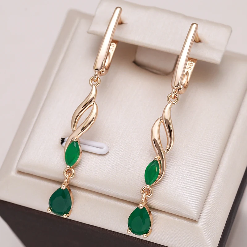 Kienl New Trend 585 Rose Gold Long Drop Earring for Women Vintage Green Natural Zircon Flower Earrings Bride Wedding Jewelry