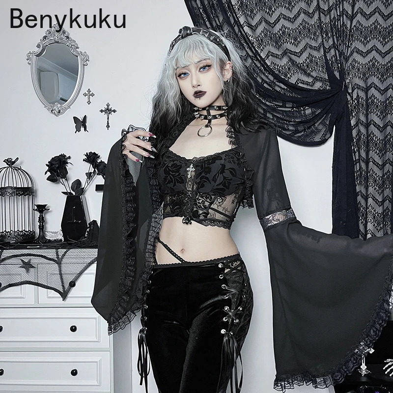 

Women Gothic Style Lace Bell Sleeve Blouse Tops Gauze Long Sleeve Coat Halloween Costume Goth Punk Cropped Top Shawl Bolero