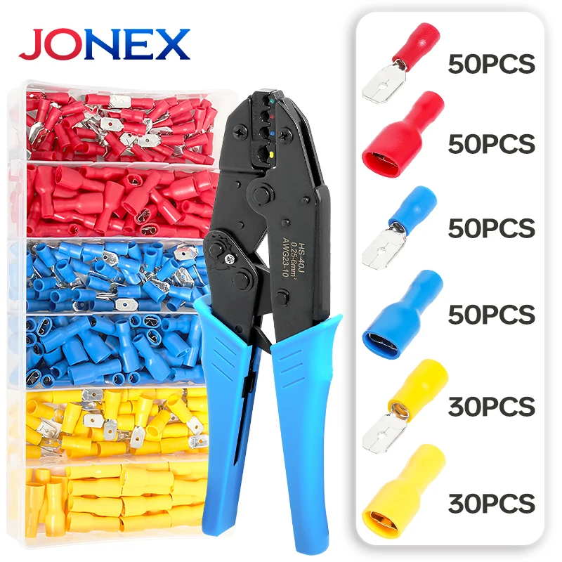 260PCS 6.3mm Spade Crimp Terminals Electrical Wire Connectors Insulated Male and Female For Quick Connection Cables Splice Plugs