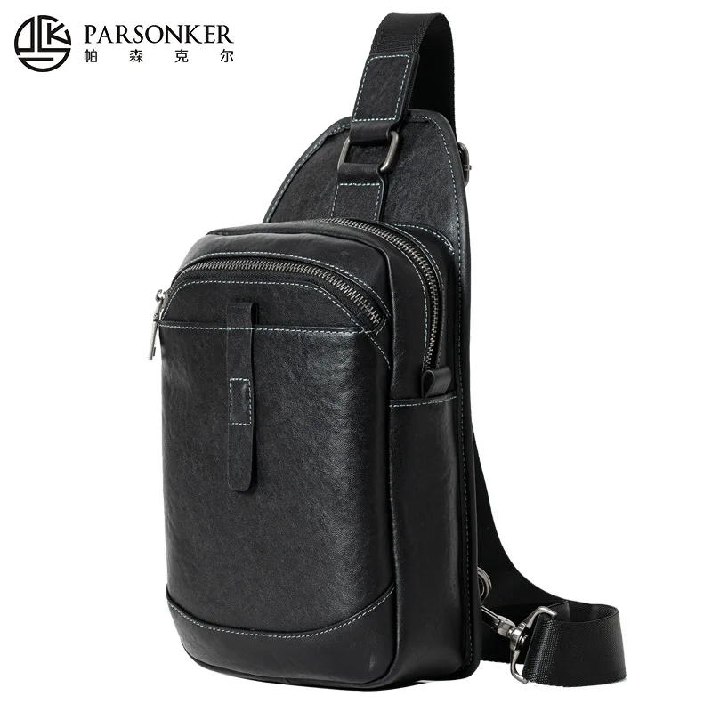 Men's genuine leather simple and high-end chest bag with multiple compartments and large capacity travel crossbody backpack
