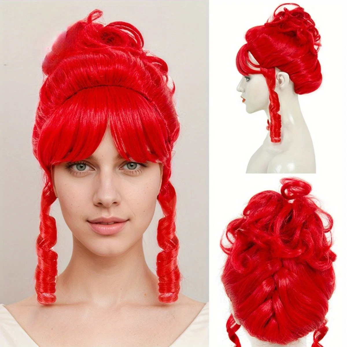 Peluca sintética roja brillante estilo vintage con flequillo y rizos laterales, estilo dama noble victoriana para Halloween, cosplay, medieval