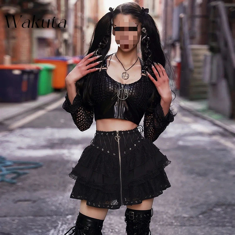 WAKUTA American Retro Dark Gothic Style Short Pleated Skirt Waistband Lace Patchwork Y2k Sweet Cool Girl A-line Skirt 니트 스커