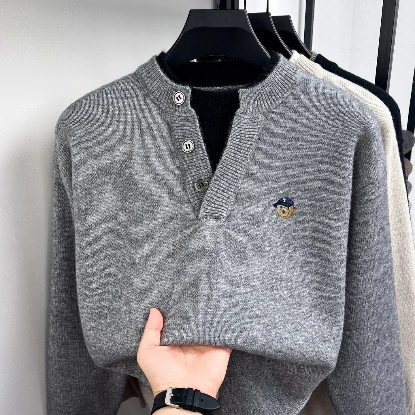 Luxus Männer Stricken Neue Pullover gefälscht Zwei Stück Mode Marke Splice Rund Kragen Freizeit Cartoon Tier Stickerei Oberteile – Detail 3