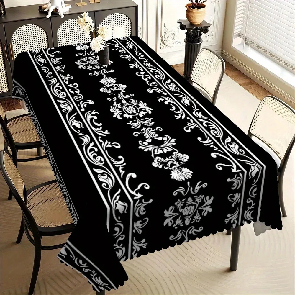 

Black Floral Pattern Table Cover Waterproof Polyester 2D Flat Printed Durable Tablecloth For Indoor Outdoor Dining Use