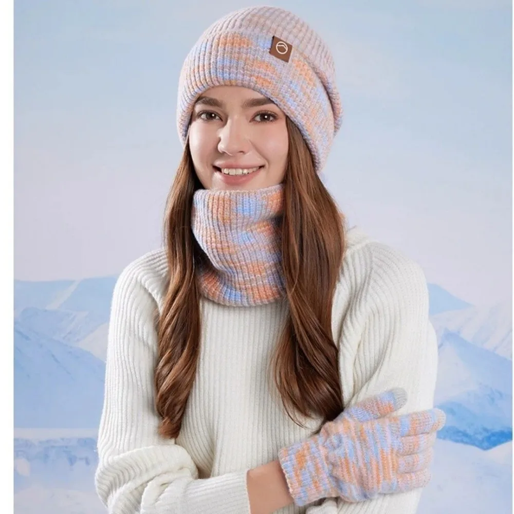 في الهواء الطلق الشتاء قبعة قفازات وشاح مجموعة سميكة الصوف بطانة النساء Skullcap التدرج اللون محبوك الدراجات بيني #2