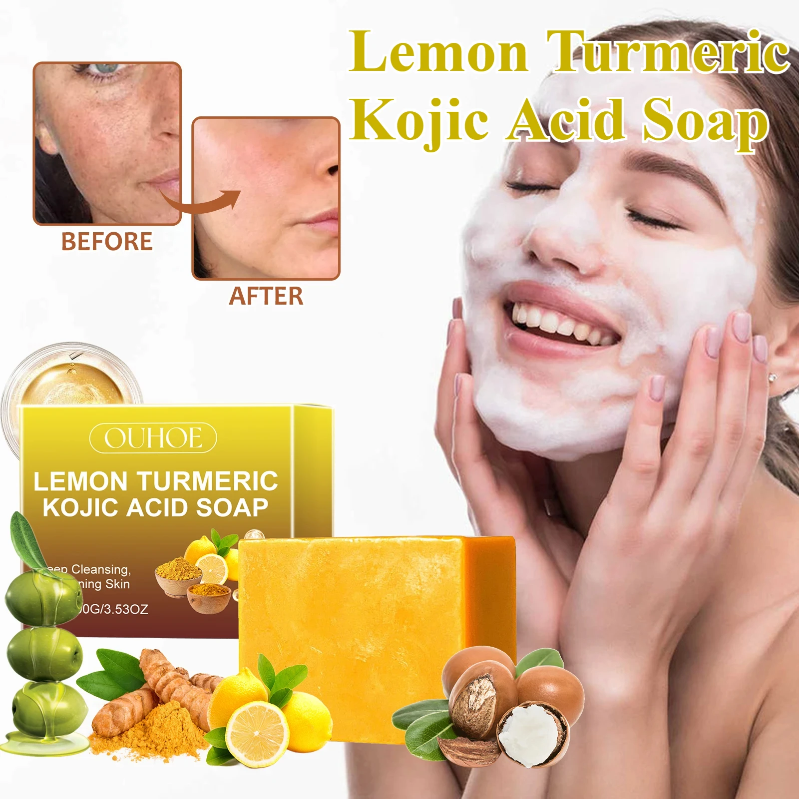 Zitronenkurkuma-Kojisäure-Seife, Badereinigungsseife, Peeling, reduziert Flecken, verbessert die Hautstruktur, Gesichtspflegeprodukt für die tägliche Hautpflege