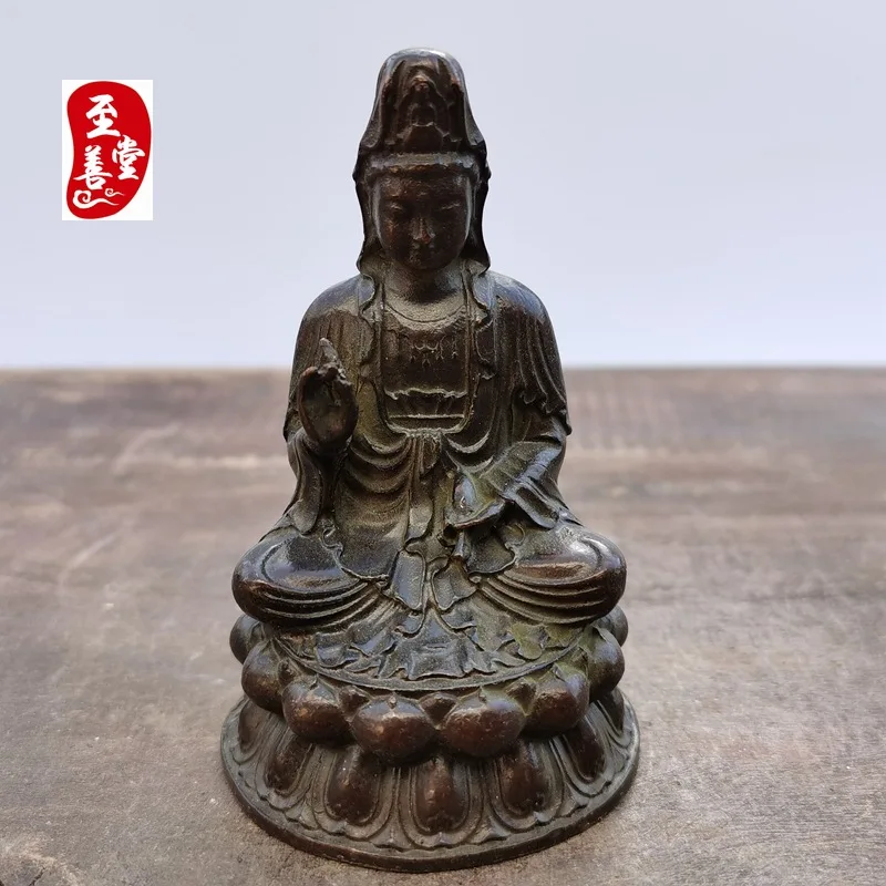 Antique Collection: Old Patina Alloy Bronze Living Room Decorative Ornament - Nanhai Guanyin5x9.5CM