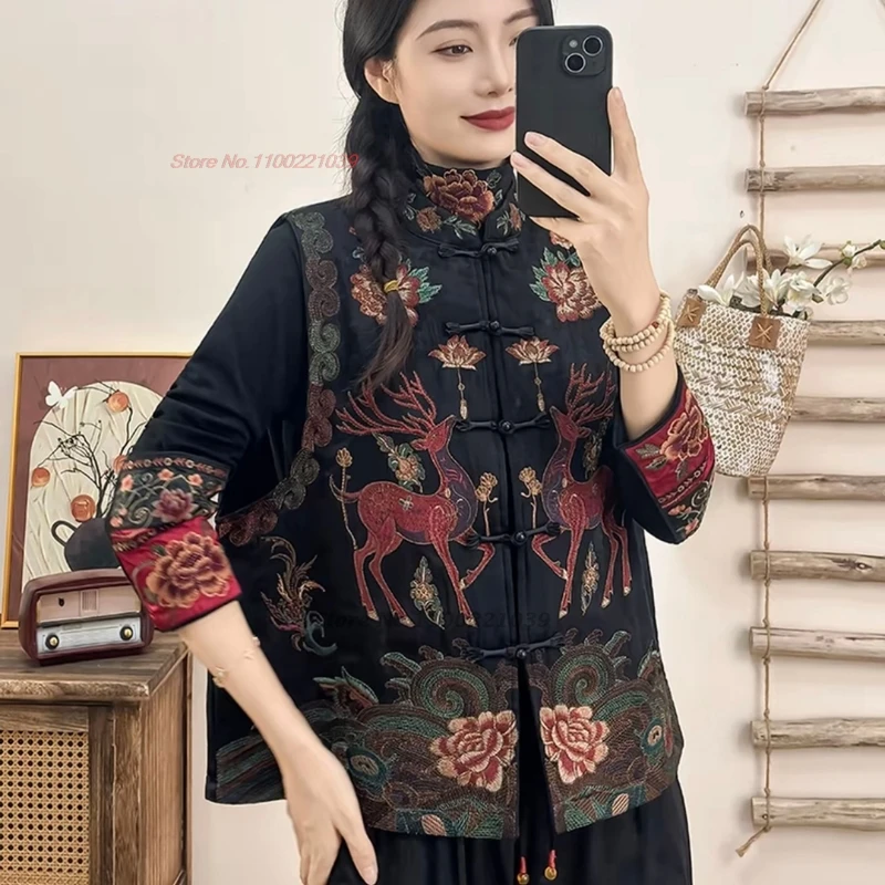 2025 الوطنية زهرة التطريز الساتان سترة جاكار الصينية التقليدية الوقوف طوق القطن مبطن سترة العرقية جاكيت بلا إكمام #2