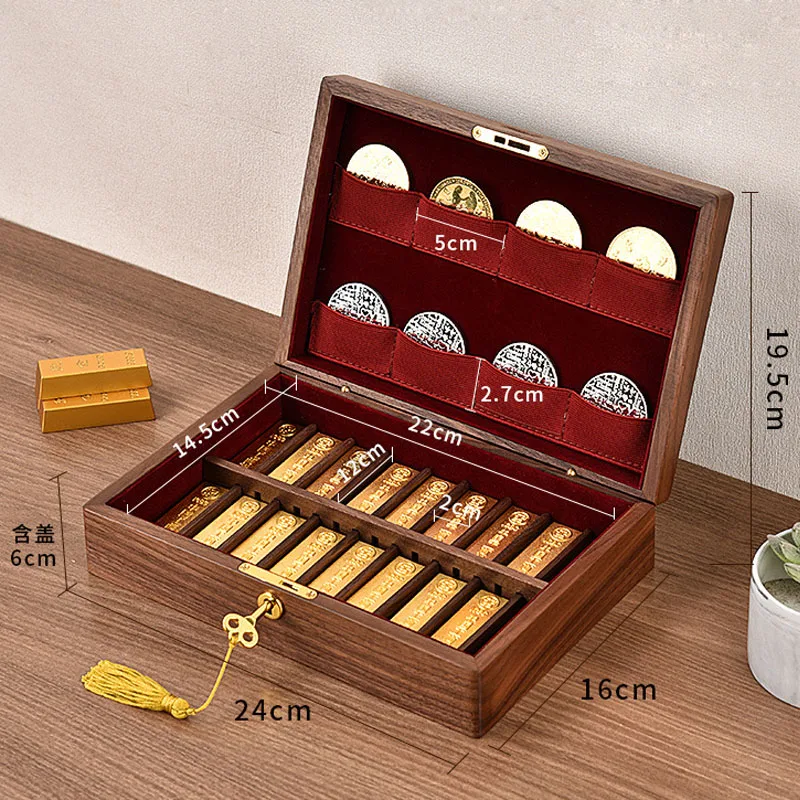 Lockable Wooden Collection Storage Case Vintage Walnut Wood Box Velvet Interior Holder for Commemorative Coins Gold Bars