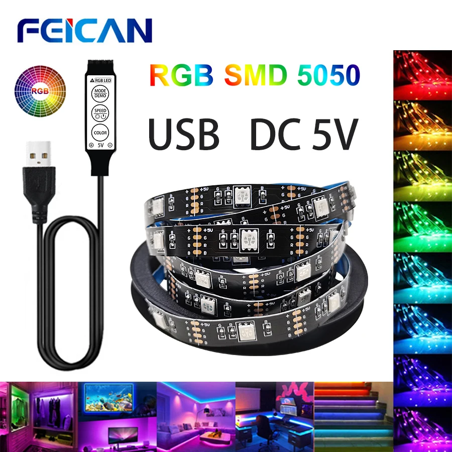 Flexível USB LED Strip Light, Fita de lâmpada, 3Key, Fita RGB, 1m, 2m, 3m, 4m, 5m, DC5V, Decoração, TV Backlight, 5050