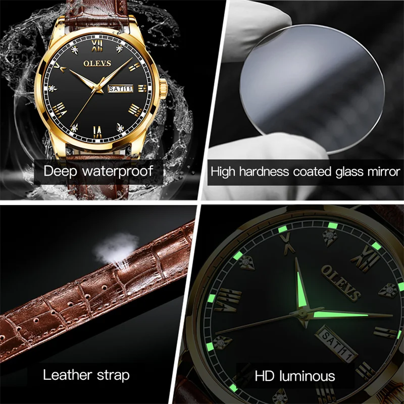 OLEVS New Business Mens Watches Top Brand Luxury Leather Strap Warterproof Week Date Quartz Watch for Men Relogio Masculino