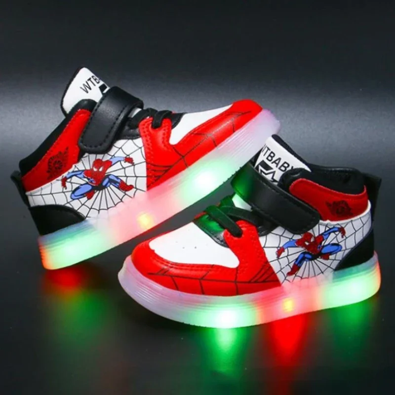 Disney Children\'s Led Light Shoes Fashion Design Spiderman Boys Sneakers Girls Cartoon Casual Shoes Breathable Kids Sport Shoes