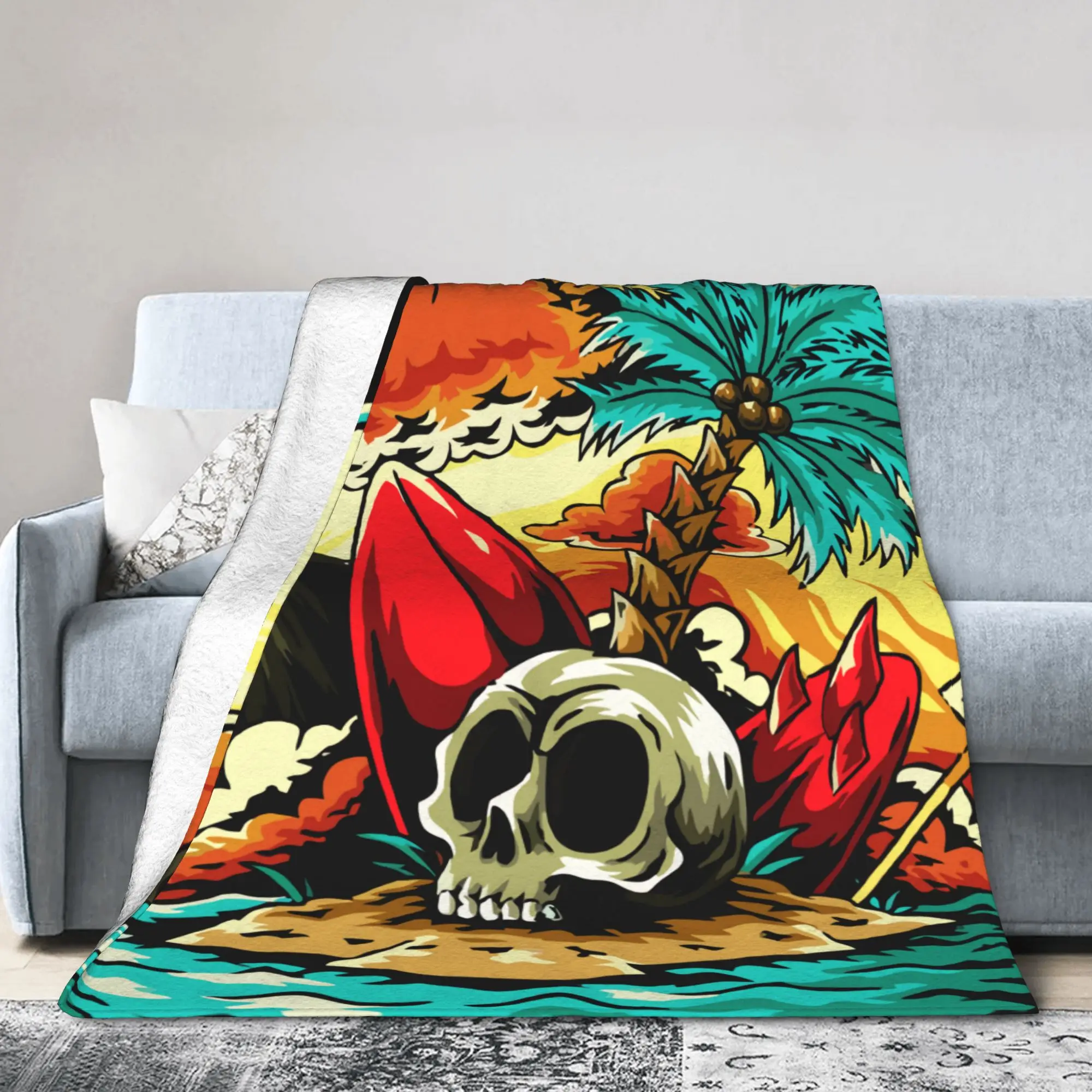 Custom Summer Skull Surfing Blanket Soft Fleece Autumn Warm Flannel Beach Surfer Throw Blankets for Sofa Car Bedding Quilt