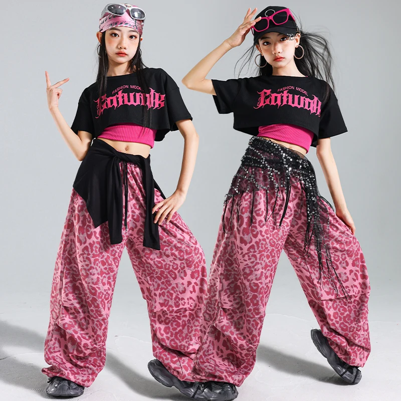 Mädchen K-pop Crop Top Hip Hop Rosa Leopard Cargo Hosen Kleidung Kinder Street Dance Mädchen Gruppe Bühne Kostüme kinder Streetwear