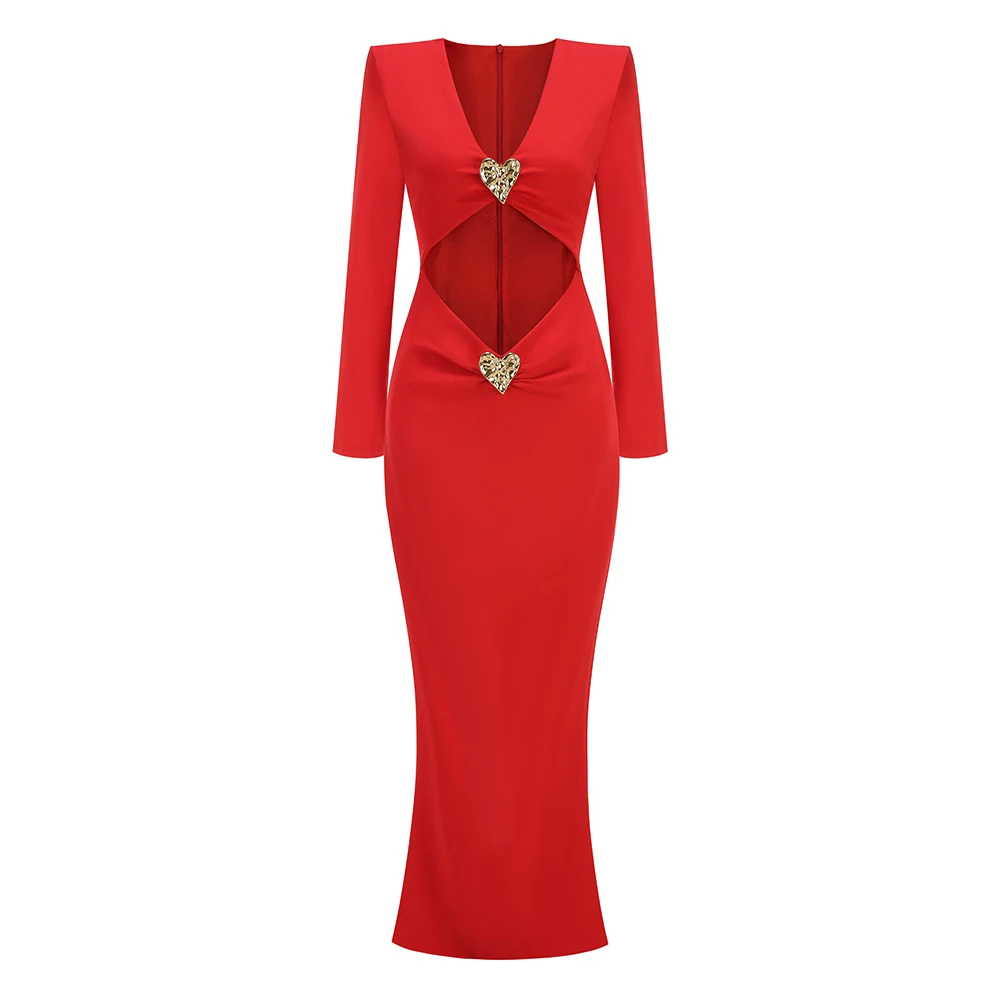 Elegant Women Bandage Dress Red Sexy V-neck Long Sleeve Ankle Length Long dress Bodycon Celebrity Evening Club Party Gowns