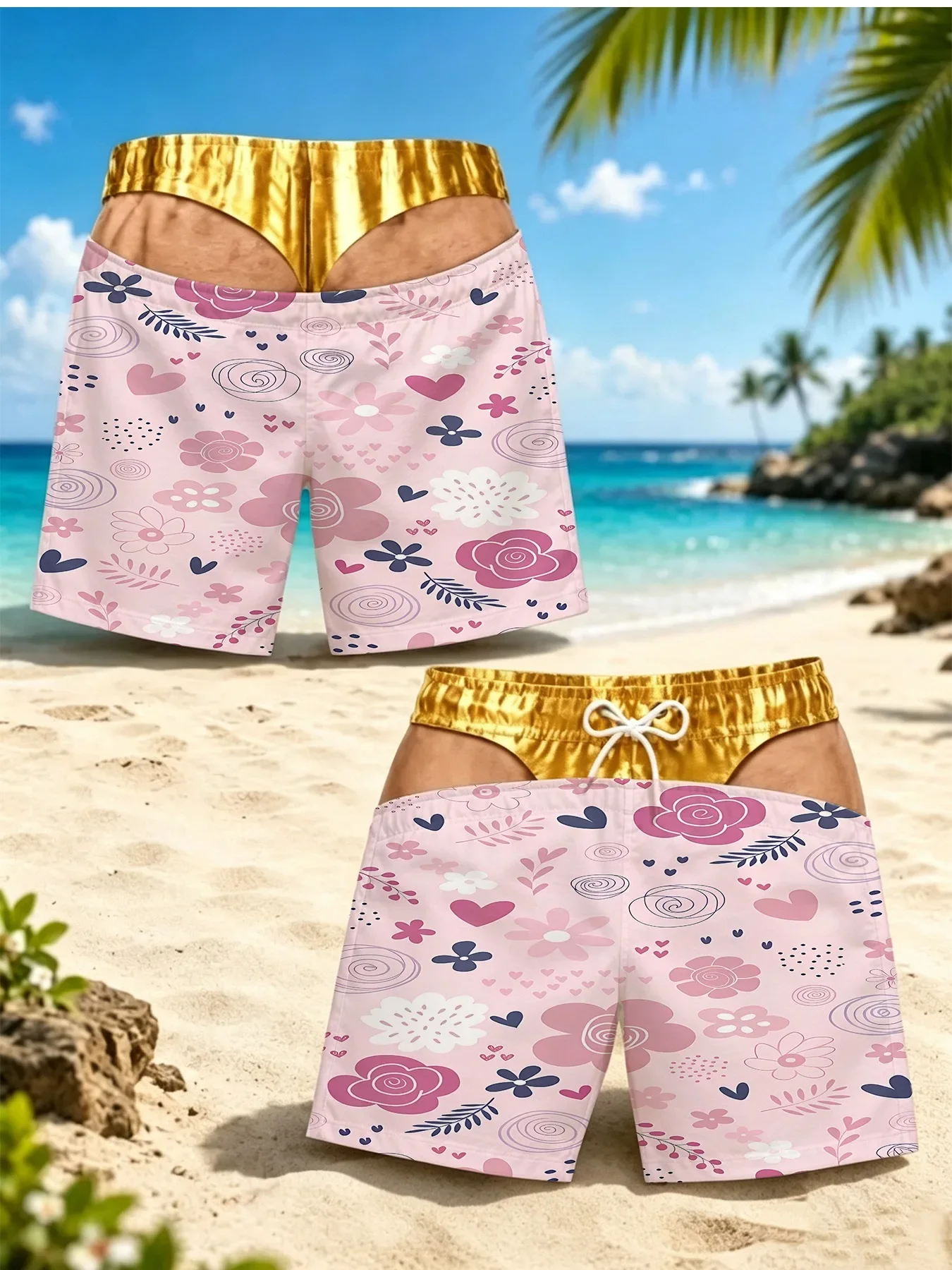 Funny Fake Bikini Waist Men Swim Trunks Teal Tropical Palm Leaf Floral Print Quick Dry Drawstring Beach Shorts Summer Vacation