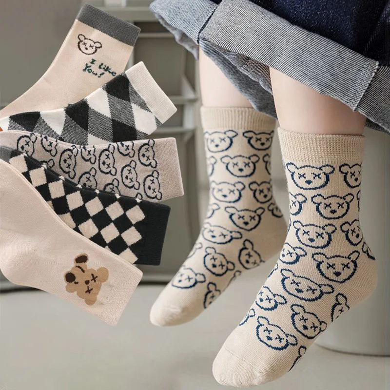 

5 Pairs/Lot Cotton Baby Socks Cute Cartoon Bear Toddler Middle Tube Sock Autumn Winter Thick Warm Kids Floor Socks