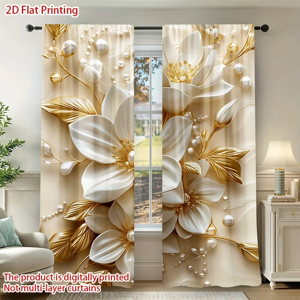 2PCS Digital Printed Curtains, Soft Golden Beaded Flower Delicate Subtle Luxury, Home Decor Style for Living Room Bedroom Decor
