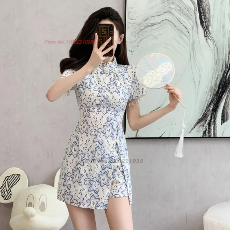 

2024 chinese improved cheongsam banquet nightclub dress flower print qipao dress+shorts set elegant hotel spa work dress qipao