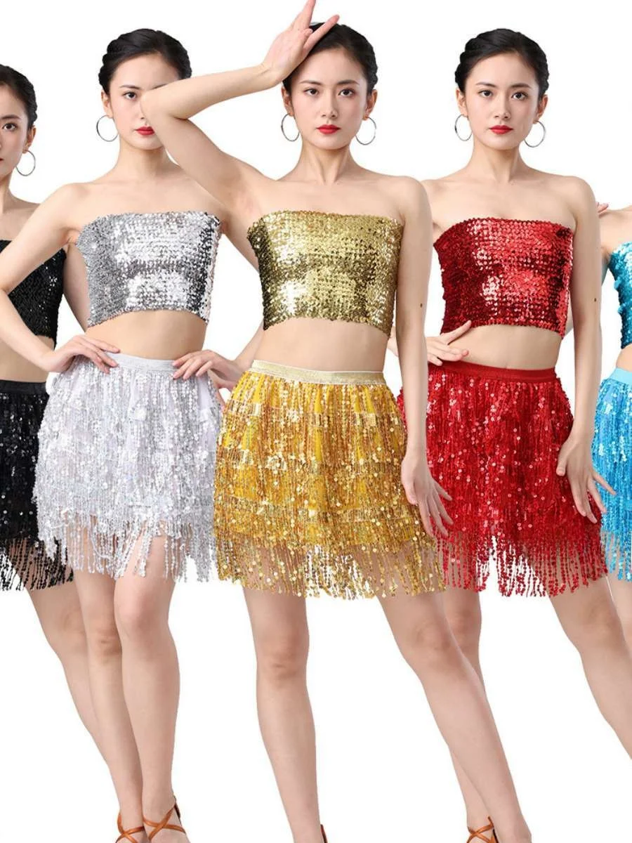 تنورة شراشيب لامعة لأداء الرقص الشرقي، زي نصف طول مزين بالترتر، ملابس الهالوين، زي مسرحي عرقي للنساء