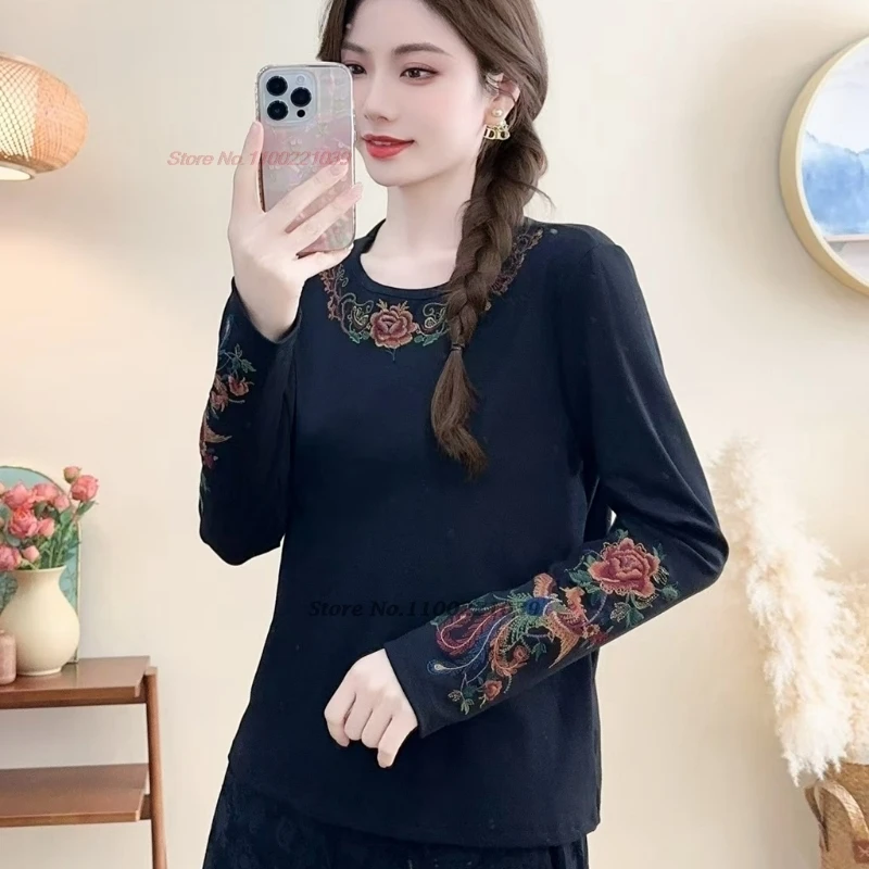 

2025 traditional chinese vintage shirt national phoenix flower embroidery shirt oriental hanfu tops ethnic retro base shirt
