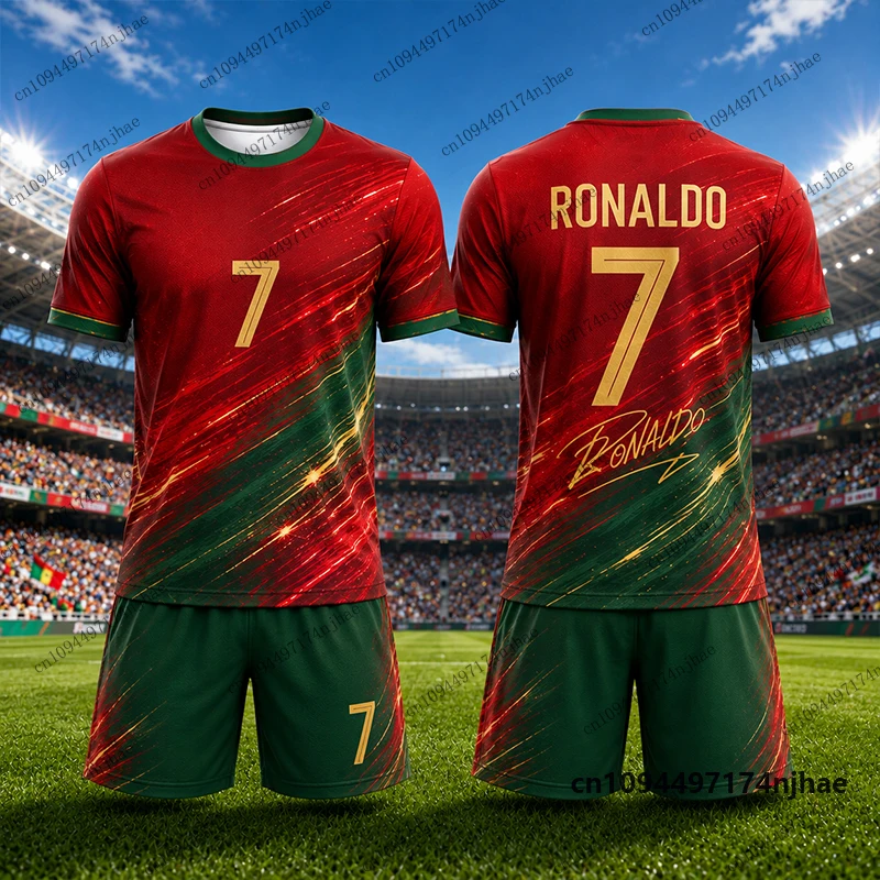 2 Piece Outfits Children's Tracksuit Ronaldo #7 Print T-shirt+Shorts Sets Portugal Fans Football Suit Sports Kids/Adult Clothes