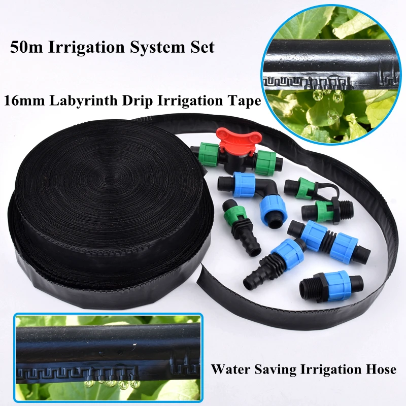 50m/Set 16mm*0.2mm Labyrinth Drip Irrigation Tape Hose Greenhouse Drip Irrigation System Farm Water Saving Irrigation Hose Joint