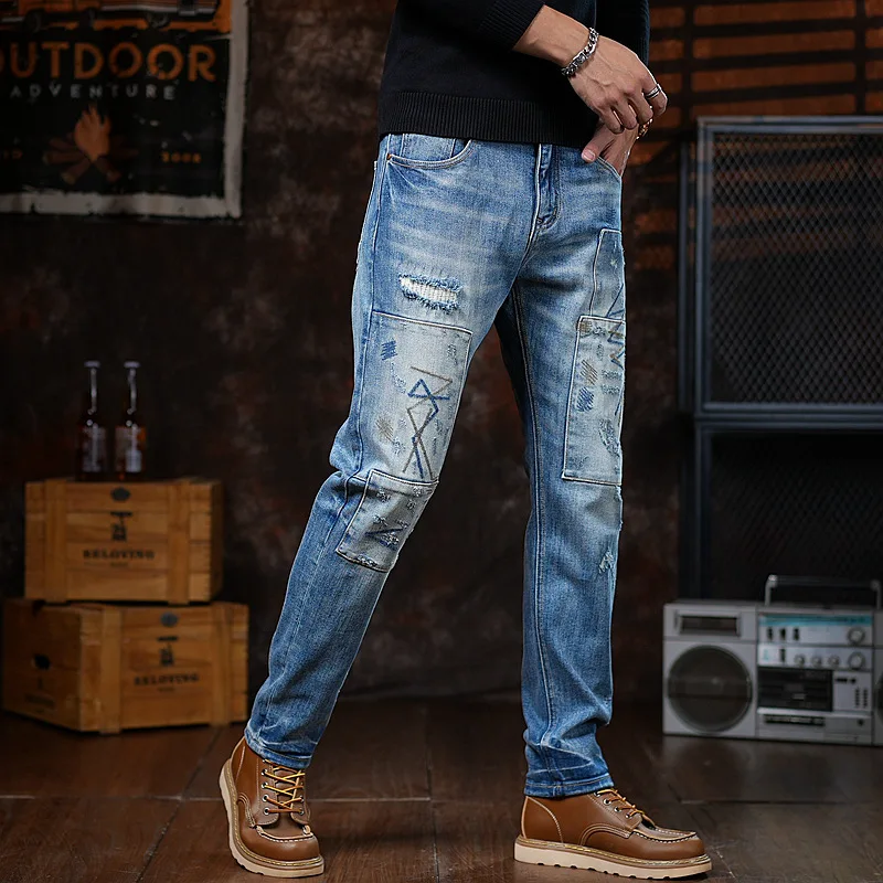 

Мужские ностальгические джинсы в стиле ретро, модный осенний бренд, крутой и стильный американский стиль, облегающие брюки в стиле ретро в стиле пэчворк.