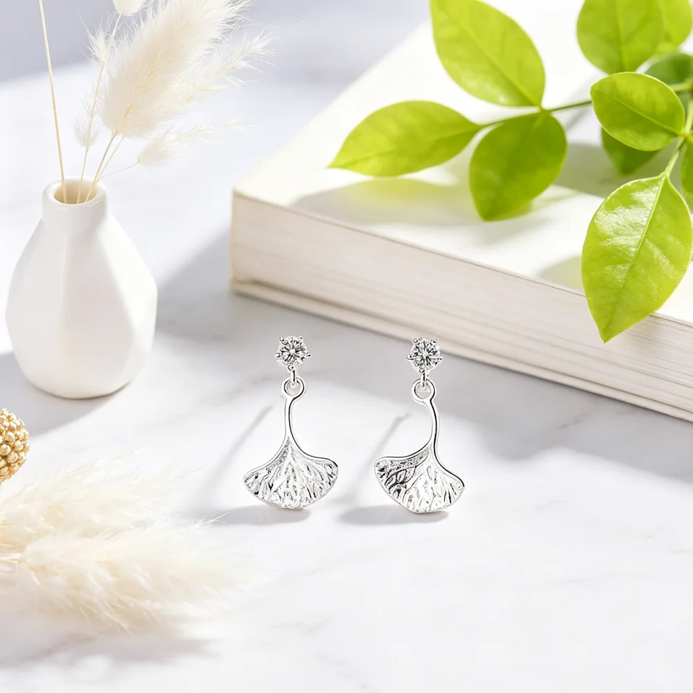 New Fashion Simple 925 Sterling Silver Clear Zircon Ginkgo Biloba Drop Dangle Earring For Women Girls Sweet Party Gift Jewelry