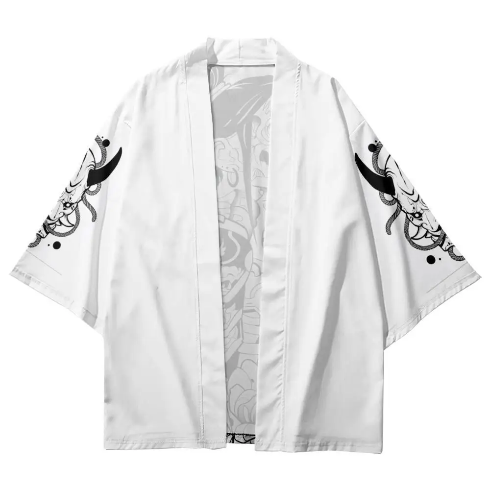 

Cartoon Demon Samurai Printed White Japanese Kimono Beach Shorts Men Women Looser Cardigan Yukata Clothing Harajuku Haori