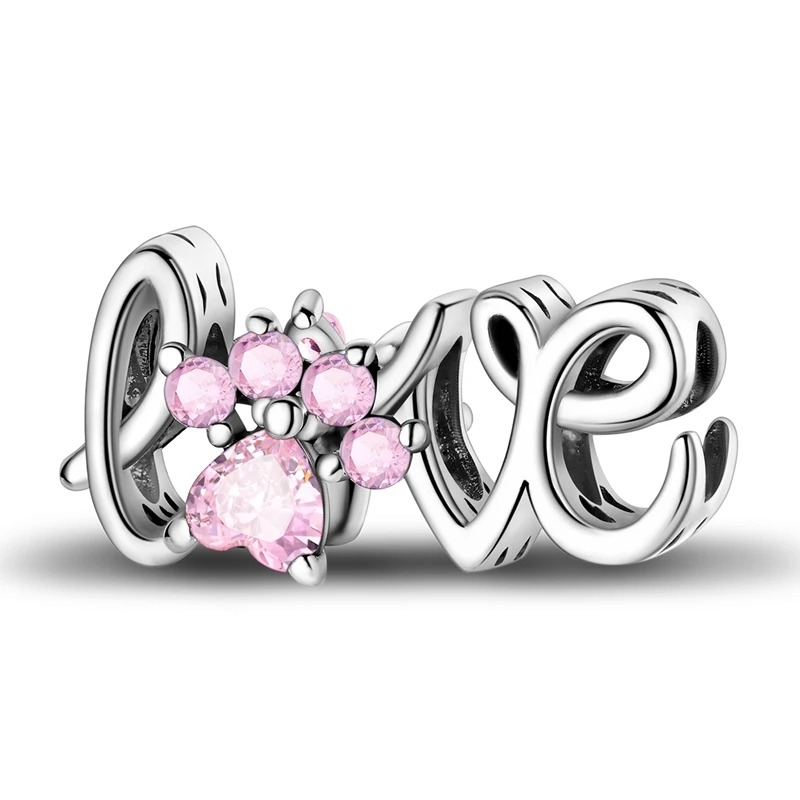 

925 Sterling Silver Love Charms Bead CZ Zirconium Pet Letters Dangle Fit Original Bracelet DIY Women Jewelry Gift