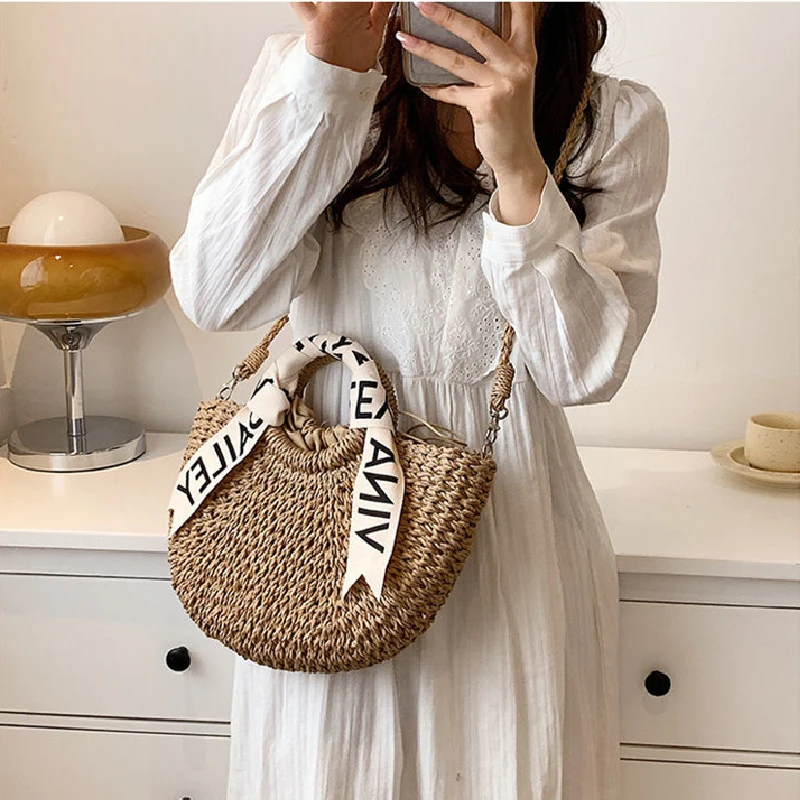 Letter Scarf Straw Handbags for Women, Beach Bags, Vintage Casual Shoulder Bags, High Capacity, Semi-circle Tote, Summer