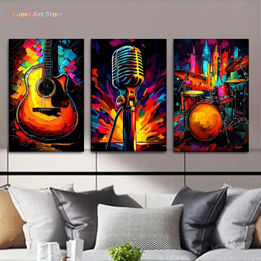2D 3pcs/Set, Canvas Painting--Unframed, Neon Musical Instruments, Artist Drawing Set, Living Room, Library, Office, Cafe, Bar