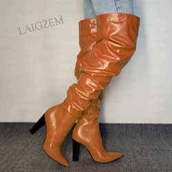 ZHIMA Women Knee/Over Knee Boots Pointed Toe Side Zip Thick High Heels Boots Faux Leather Ladies Shoes Woman Plus Size 41 45 47