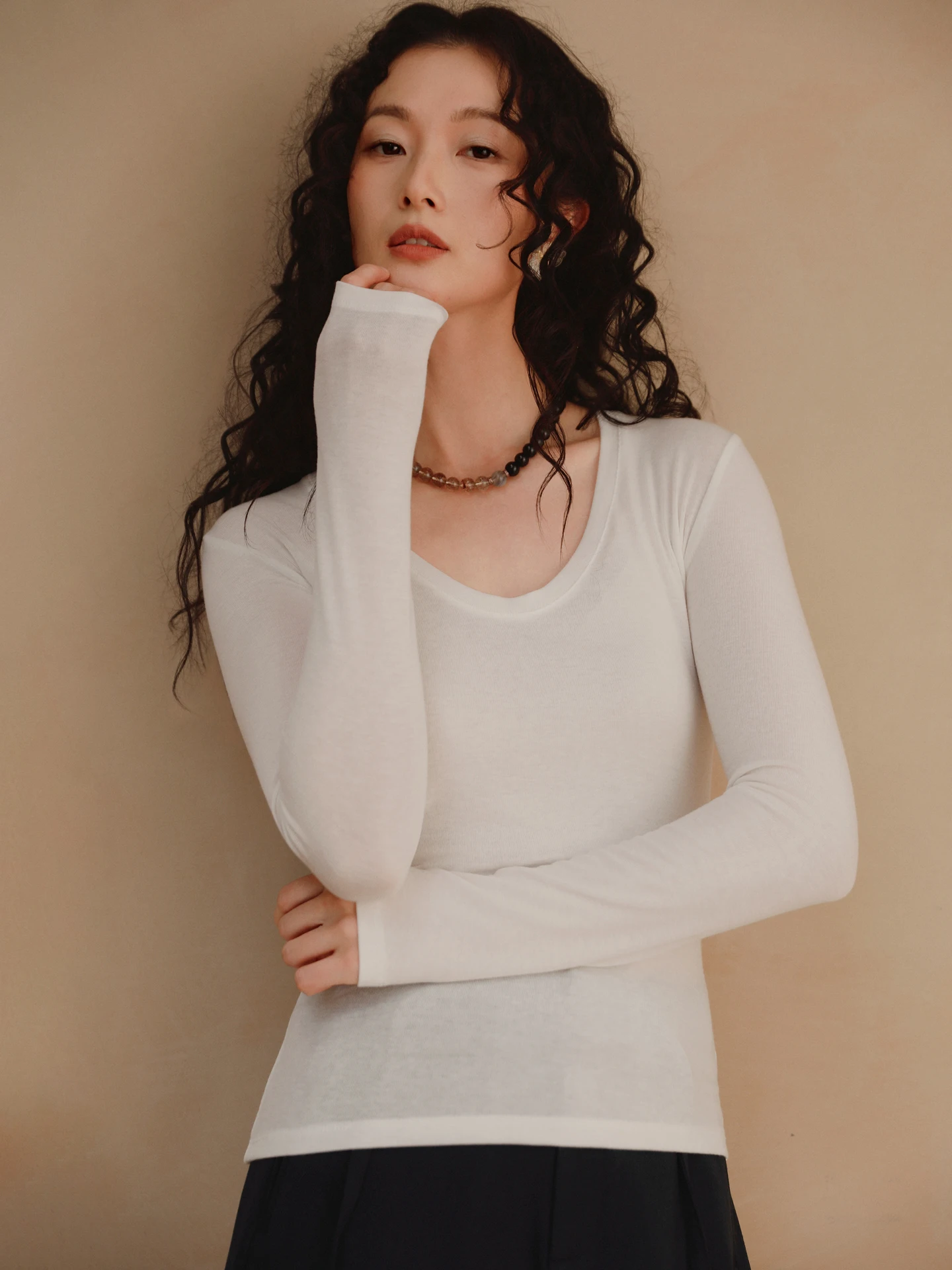 

Women's Slim Fit Comfortable Wool Blend Base irt Classic Sle Spring New Arrival Casual Faion round Ne Long Sve Top