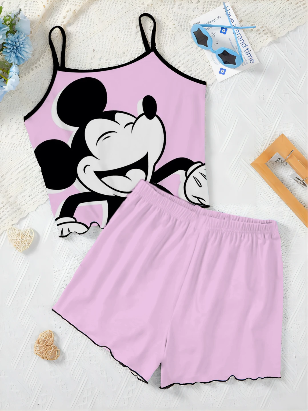 Top Disney Minnie Mouse Short Sets for Women 2 Pieces Lettuce Trim T-shirt Mickey Slip Dress Women\'s Suit Pajama Skirt Elegant