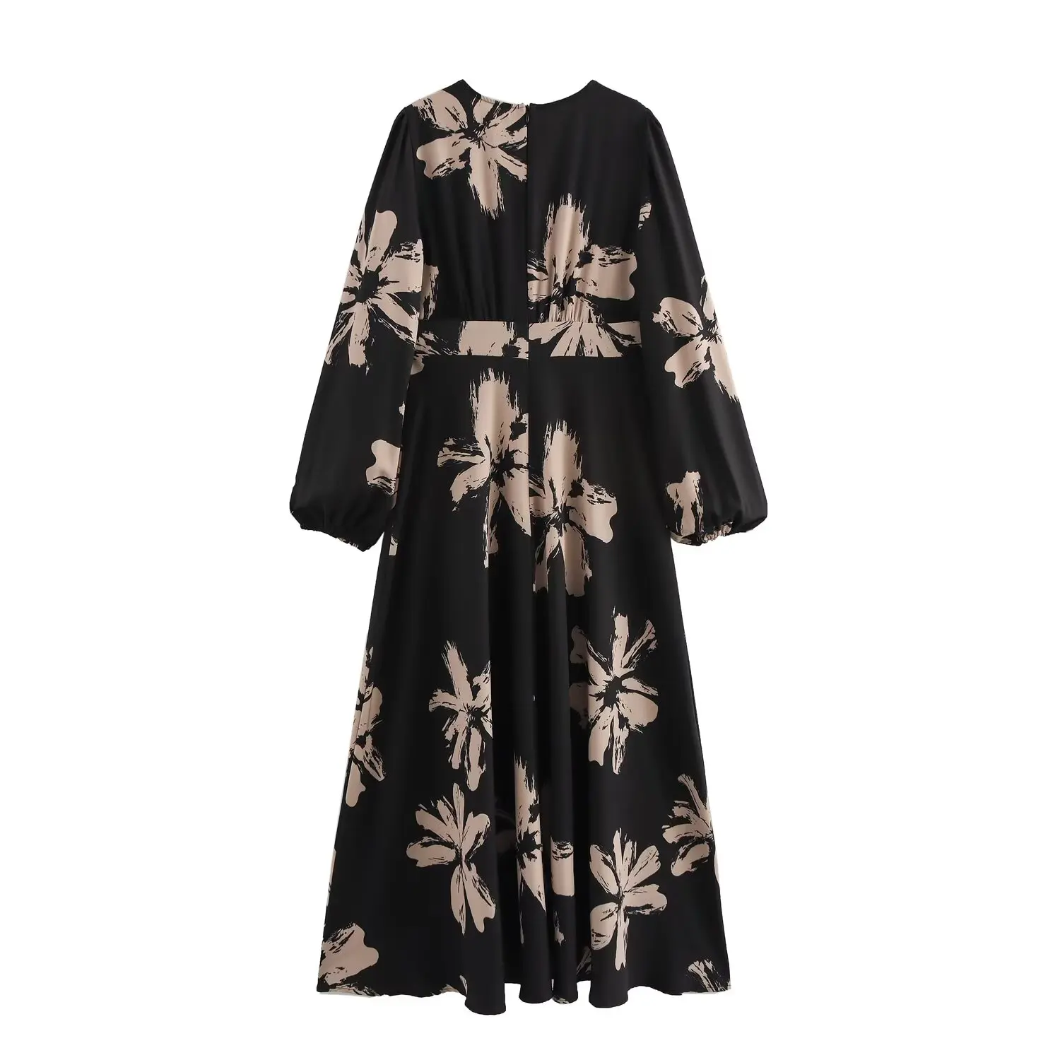 KONDALA elegante estampado de flores de manga larga de cintura alta Vestido de mujer moda 2025 primavera cuello en V Vestido largo drapeado Vestido Casual suelto