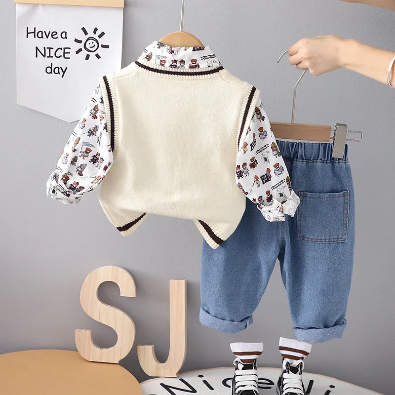 New Fashion Autumn Children Boys Girls Clothes Kids Sweater Vest Jacket Strips T-shirt Pants 3Pcs/Sets Kids Clothing Tracksuits