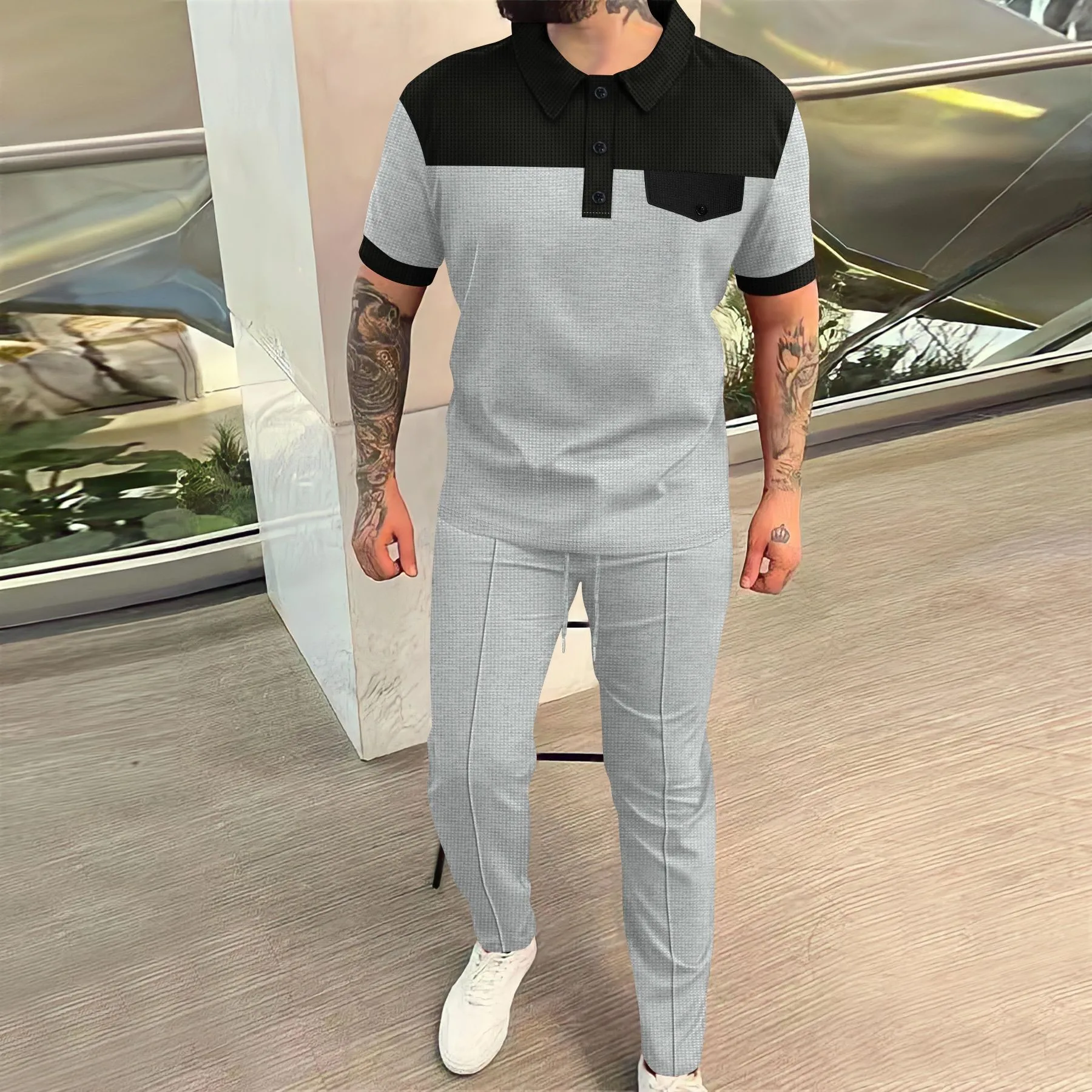 2025 г. Новая мужская рубашка-поло вафельного цвета в стиле пэчворк с лацканами и пуговицами, рубашка с короткими рукавами, однотонные брюки, два мужских костюма