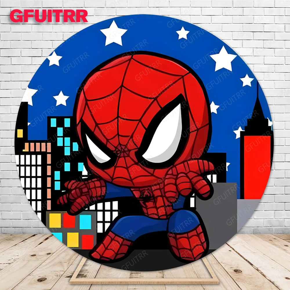 Spiderman Cartoon Round Backdrop Boy Birthday Party Baby Shower Super Hero Photography Background Cylinder Cover Decoration Prop