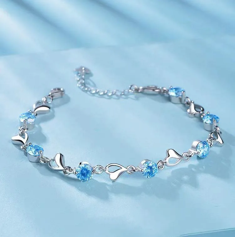 Luxury S925 Silver Ocean Heart Necklace Bracelets Set For Women Retro Blue Zircon Two-piece Jewelry Set Original Party Jewelry