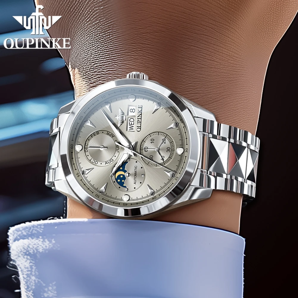 OUPINKE 3299 Men Watch Moon Phase Fashion Automatic Mechanical Watch For Men Week Date Display Deep Waterproof Man Wristwatch