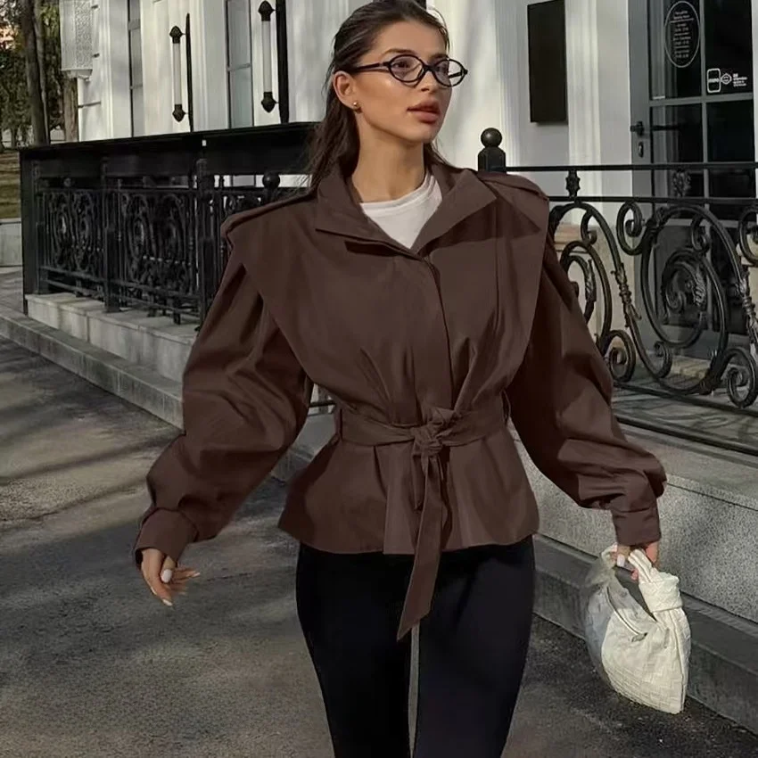 

Faionable Loose Long Sve ort Coat Waist Cinching Slimming Jaet Lace up Women's Commute Sle Pure Color Autumn Coat