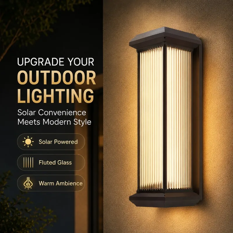 Outdoor Wall Light Solar or Hardwired Waterproof LED Sconce Ribbed Glass Aluminum Lamp for Villa Garden Patio Balcony Gate Porch
