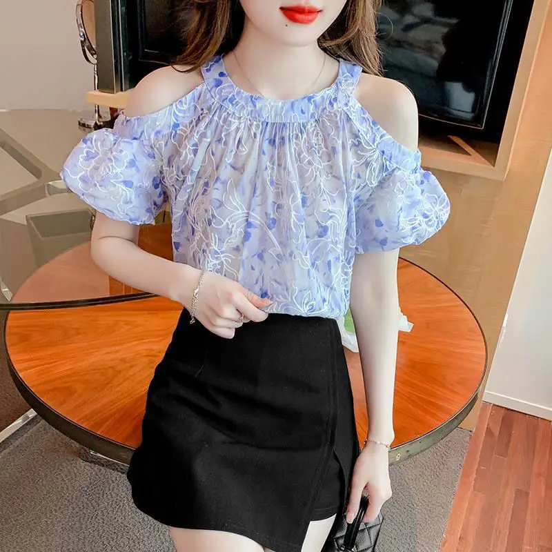 Fashionable Fairycore Summer New Blouses Women\'s Spliced Printing Loose Off the Shoulder Round Neck Short Sleeve Pullover Shirts